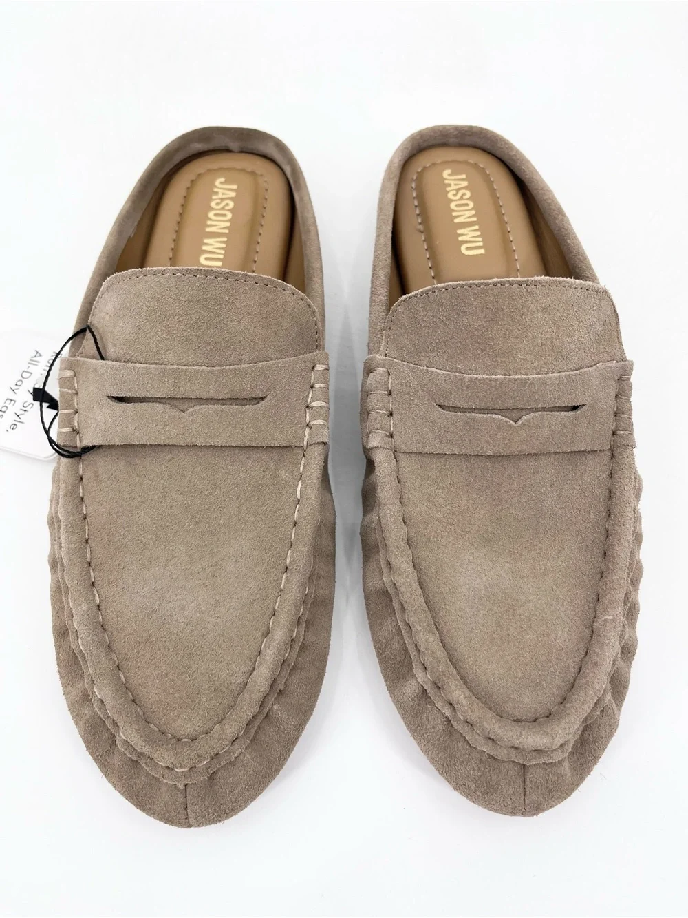 NWT Jason Wu Meeky Neutral Taupe-Beige Suede Penny Loafer Slip-On Mules Size  9